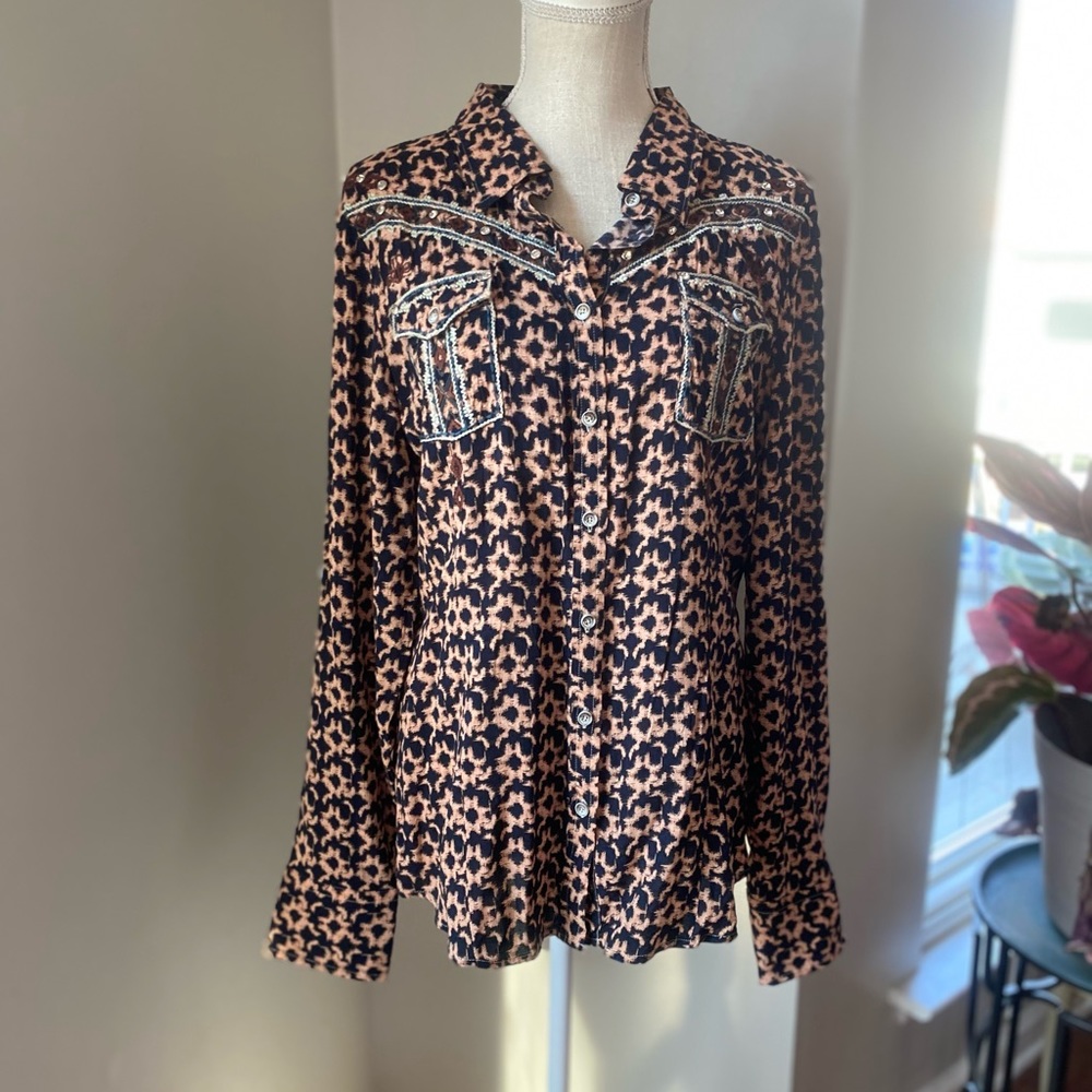 Roar Signature Black Peach Ikat Print Western Shirt